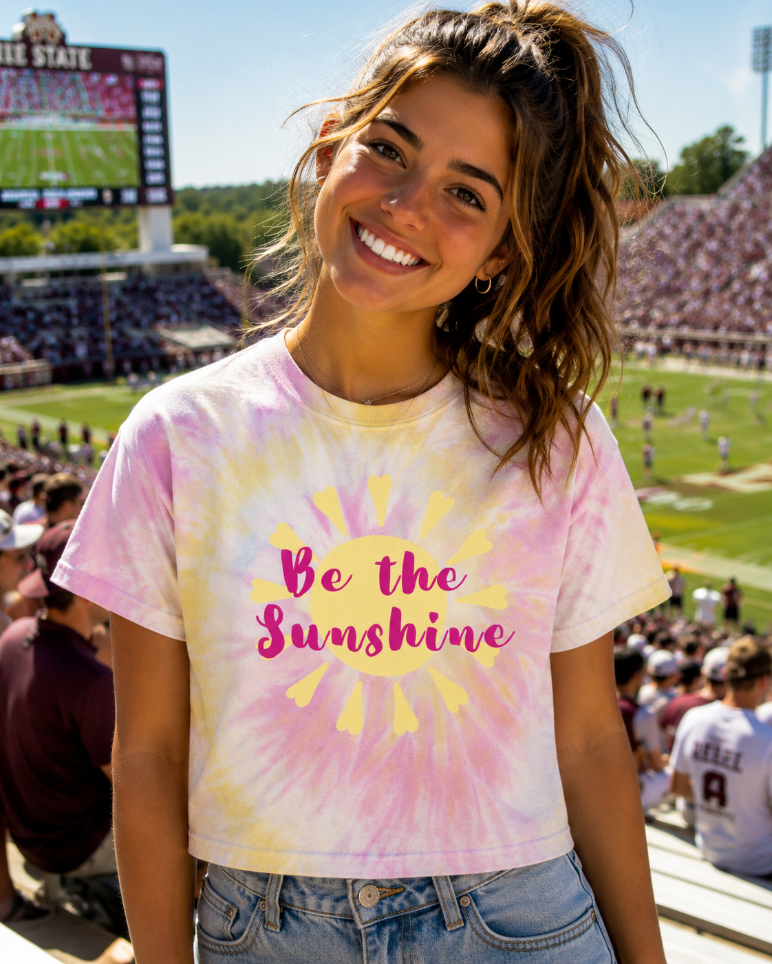Tie-Dye Crop Tee — "Be the Sunshine" Pastel Sun Graphic